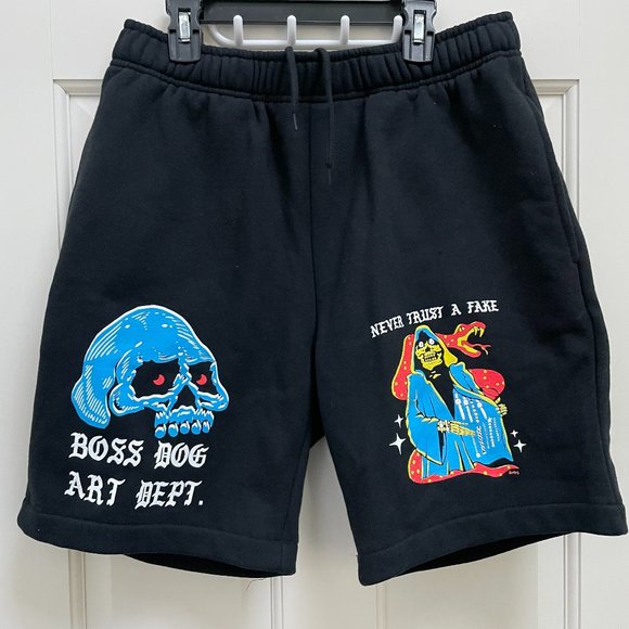 NEW Boss Dog Art Dept Never Trust a Fake Graphic Black Shorts Size S - Picture 1 of 5